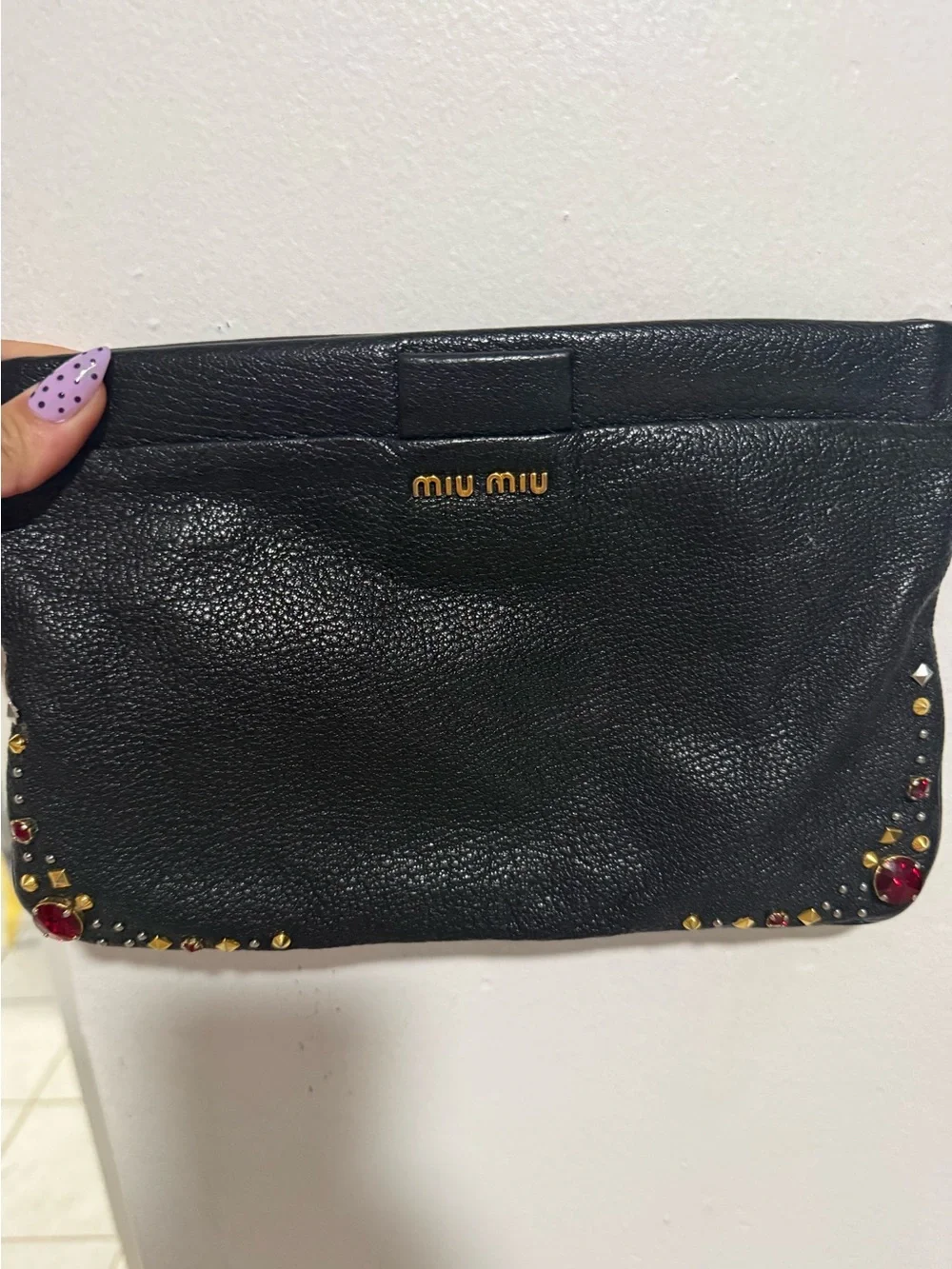 Miu Miu Black Leather Studded Clutch with Red Gem Accents